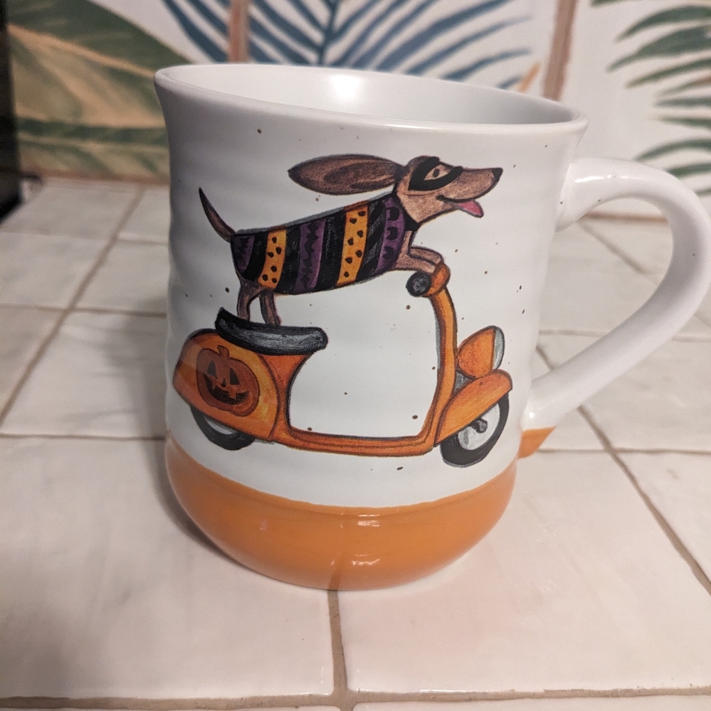 Cobwebs and Cauldrons mug Weiner dog dachshund scooter